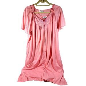 Vintage 1970s Vanity Fair Gown Robe Set Sz M Pink Nylon Made in USA Knee Length